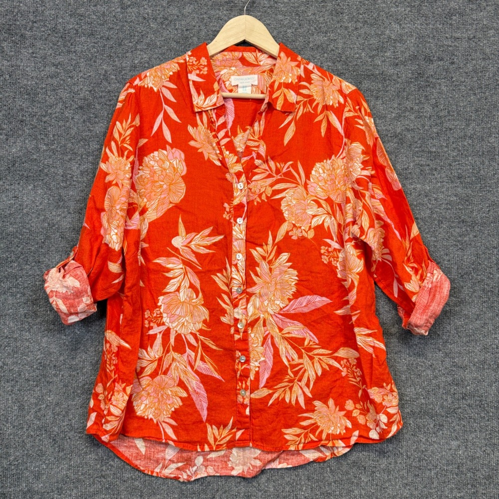 Cynthia Rowley Size 1X Tunic Shirt Orange Linen Floral Botanical Roll Tab Sleeve